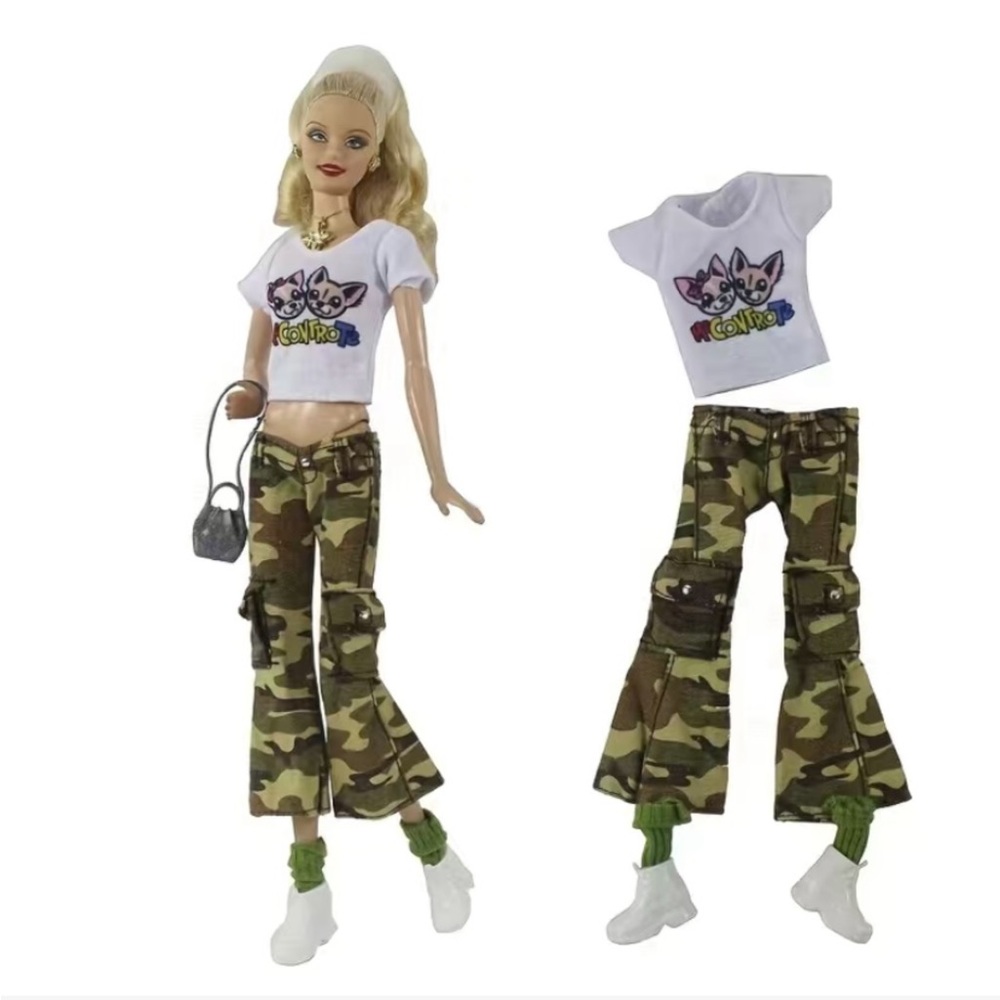 Barbie’s Street Style Camouflage pants, cropped top, sneakers, and bag.